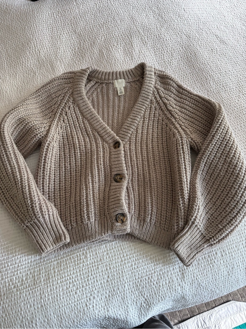 H&M Taupe Ribbed Chunky V-Neck Button Cardigan
